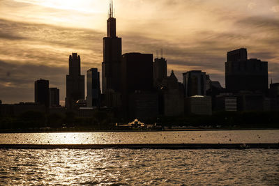 City at waterfront during sunset