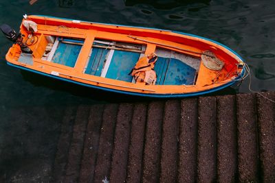 High angle view of boat moored at harbor