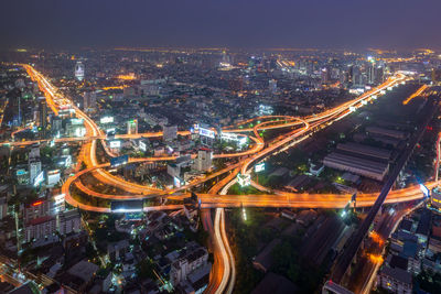 Bangkok, dec 2018, thailand  aerial view of road interchange or highway intersection at night.