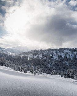 Scenic view of snow covered landscape against sky