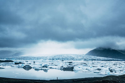 Close-up of snow on shore against sky