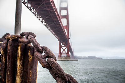 Low angle view of suspension bridge against sky