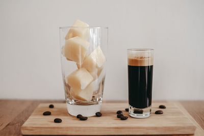 Close-up of coffee with ice cream on wooden table against wall