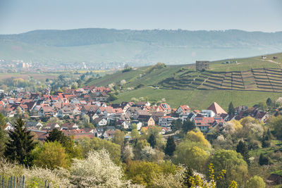 Scenic view of agricultural field by houses against sky