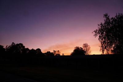 Silhouette trees on field against sky at sunset