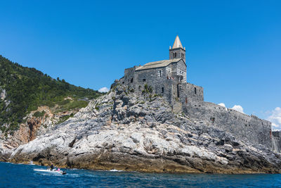 Scenic view of sea and rocks against clear blue sky