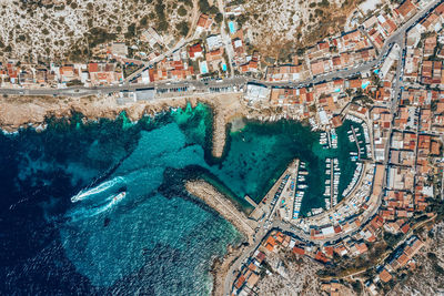 Aerial view of residential district by sea