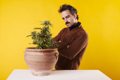 Portrait of young woman holding potted plant against yellow background