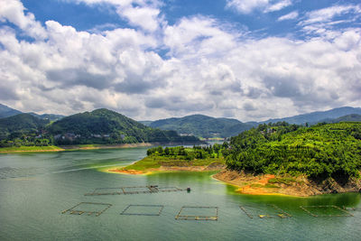 Scenic view of lake and mountains against sky