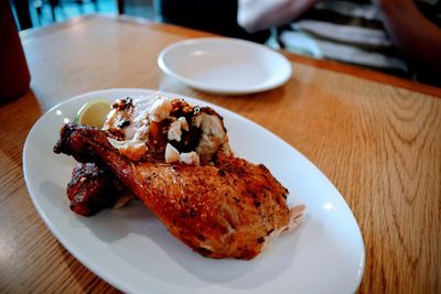 High angle view of food in plate on table