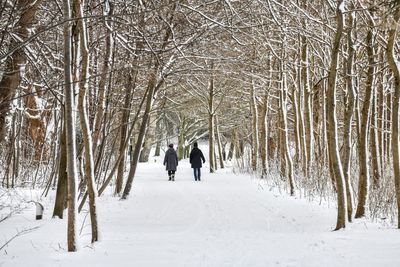 Rear view of woman walking on snow covered land