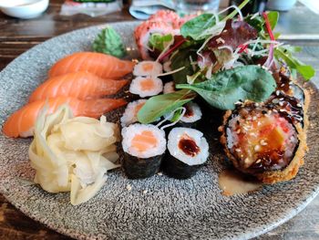 Close-up of sushi served on table