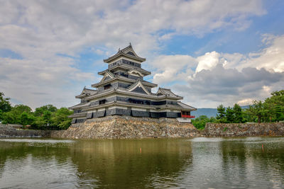 Traditional building by lake against sky