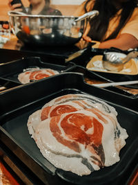 High angle view of sushi served in kitchen