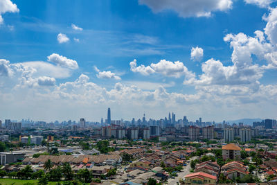 High angle view of buildings against sky