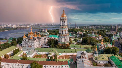 Magical aerial view of the kiev pechersk lavra near the motherland monument.