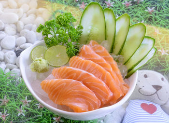 High angle view of fish with cucumber in bowl