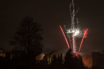 Low angle view of firework display at night