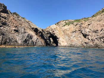 Scenic view of sea against clear blue sky