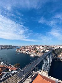 High angle view of bridge over river amidst buildings in city