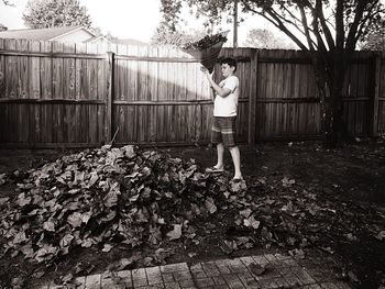 Rear view of woman standing on wooden fence in park