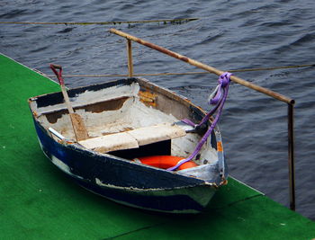 High angle view of boat moored in sea