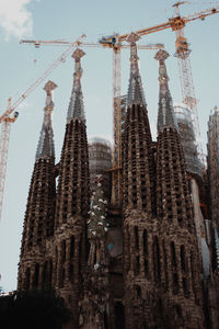 Low angle view of crane by building against sky