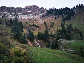 High angle view of trees and mountains against sky