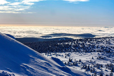 High angle view of snow covered landscape against sky