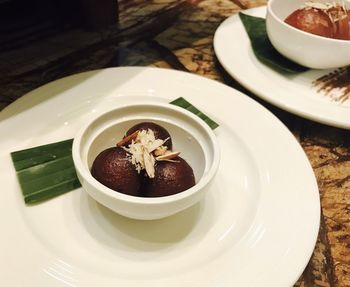 High angle view of food in plate on table