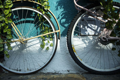 Bicycle wheel against wall in city