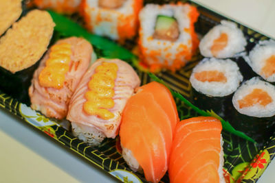 Close-up of sushi served in plate