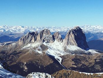 Scenic view of snowcapped mountains against clear sky