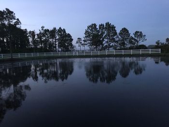 Reflection of trees in lake against clear sky