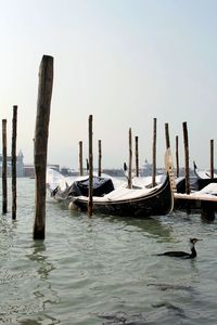 Boats moored in sea against clear sky