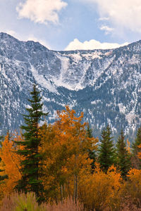 Scenic view of snowcapped mountains against sky during autumn