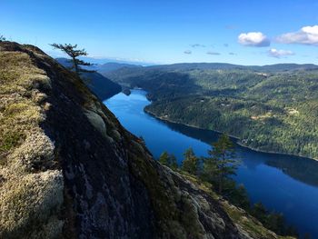 Scenic view of lake and mountains against blue sky