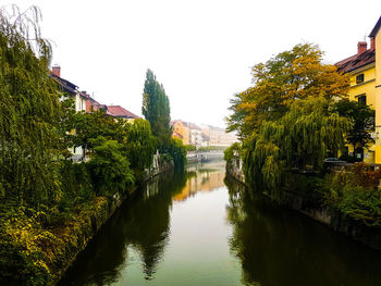 Canal amidst trees and buildings against sky