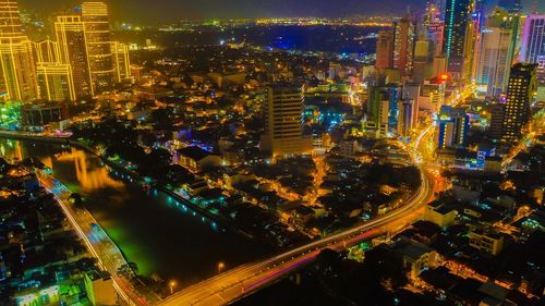 High angle shot of illuminated cityscape