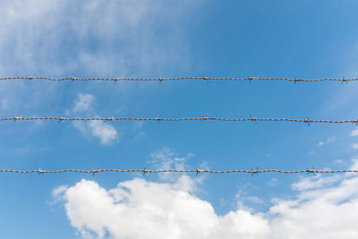 Low angle view of barbed wire against sky