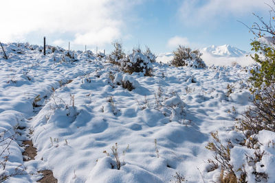 Scenic view of snow covered landscape against sky