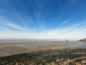 Scenic view of beach against blue sky