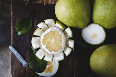 High angle view of fruits on wood
