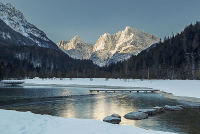 Scenic view of frozen lake by snowcapped mountains against sky