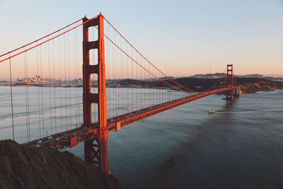 Golden gate bridge over river against sky