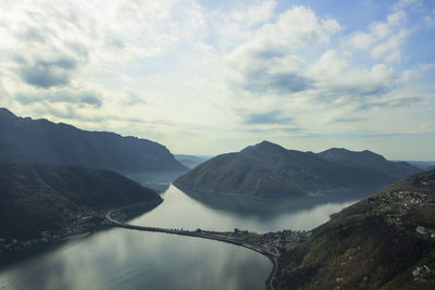 Scenic view of lake and mountains against sky