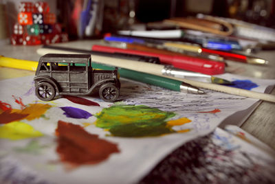 Close-up of toy car on table