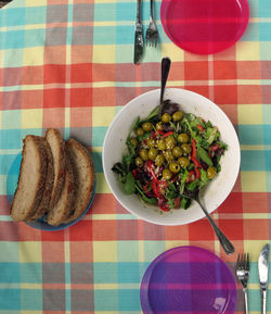 High angle view of breakfast served on table