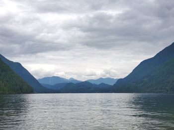 Scenic view of lake by mountains against sky