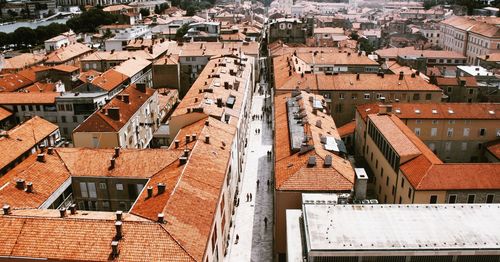 High angle view of buildings in town